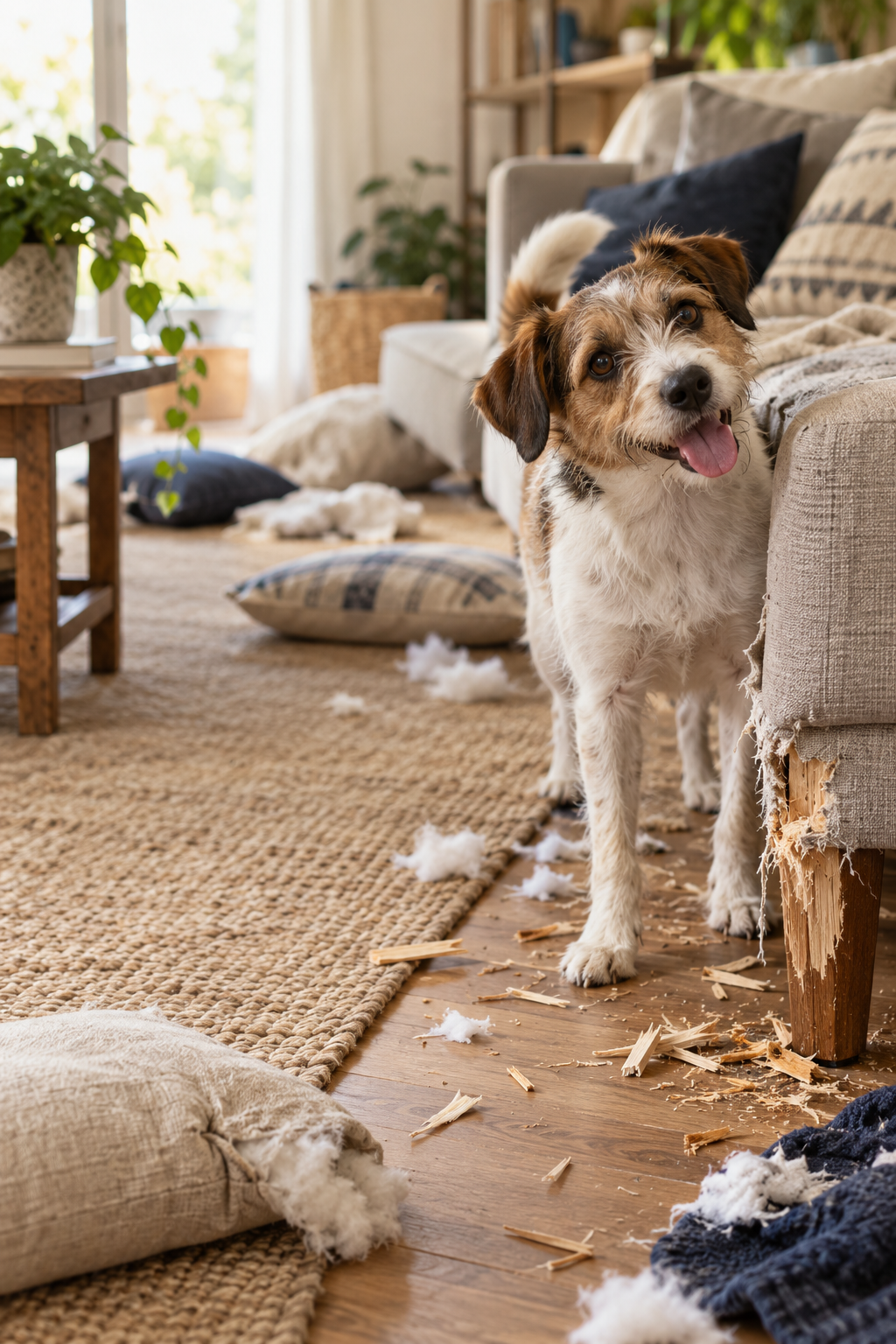Cão sapeca em sala bagunçada, com almofadas e lascas de madeira espalhadas