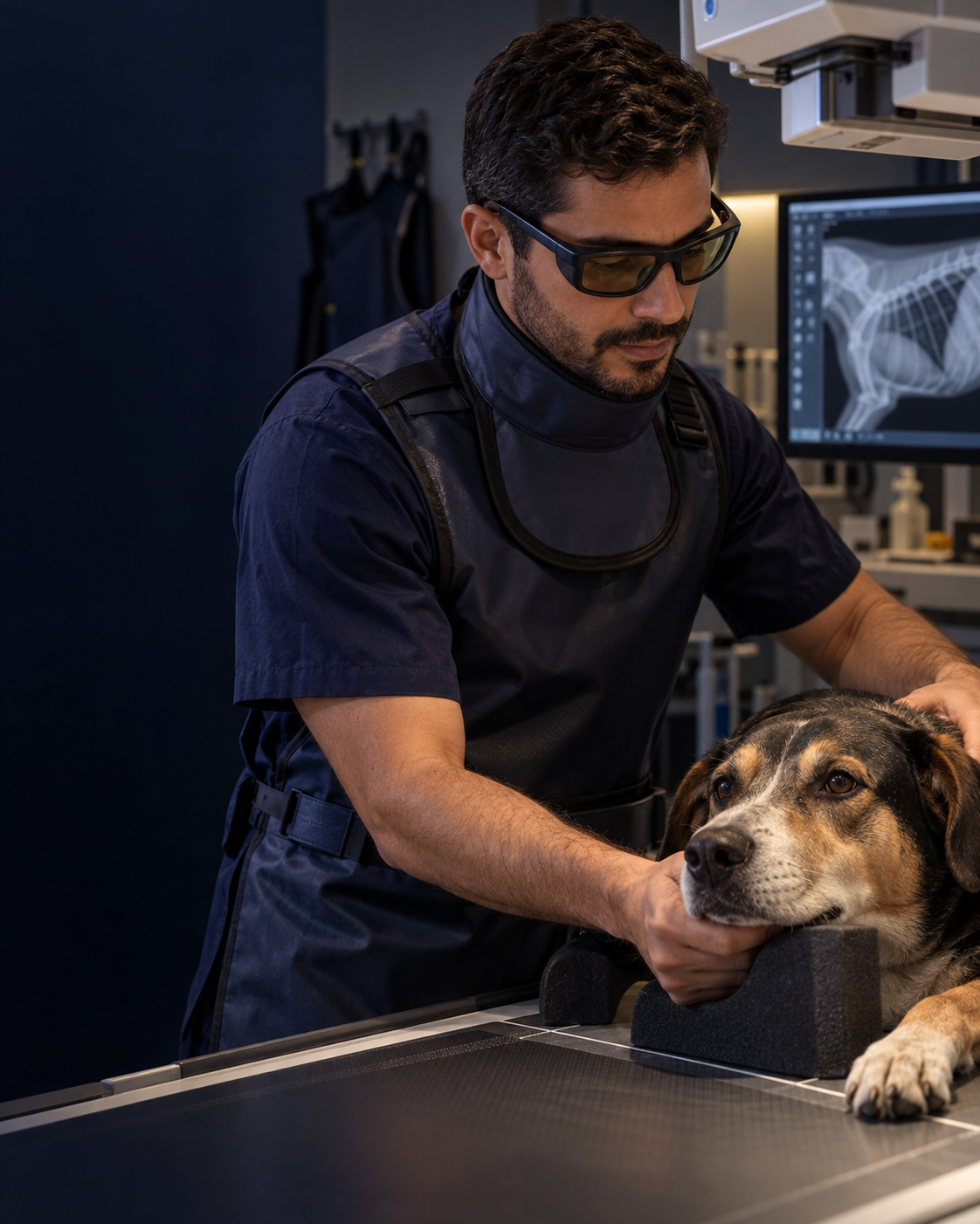 Profissional veterinário com proteção radiológica durante exame